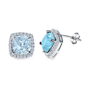 Cushion Cut Stud Earrings Simulated Aquamarine CZ 925 Sterling Silver